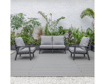 LeisureMod Walbrooke Modern 3-Piece Outdoor Patio Set with Black Aluminum Frame - Gray