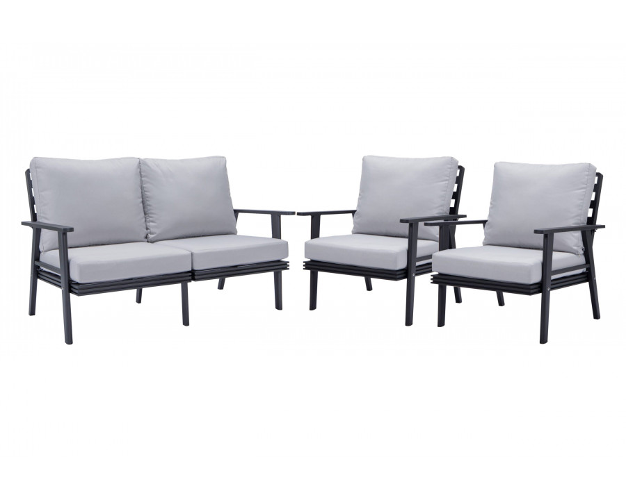 LeisureMod Walbrooke Modern 3-Piece Outdoor Patio Set with Black Aluminum Frame - Light Gray