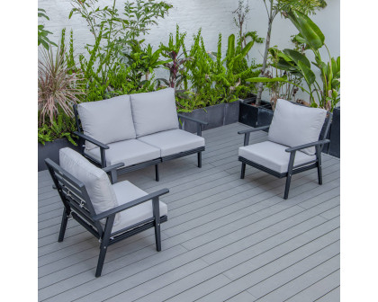 LeisureMod Walbrooke Modern 3-Piece Outdoor Patio Set with Black Aluminum Frame - Light Gray