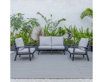 LeisureMod Walbrooke Modern 3-Piece Outdoor Patio Set with Black Aluminum Frame - Light Gray