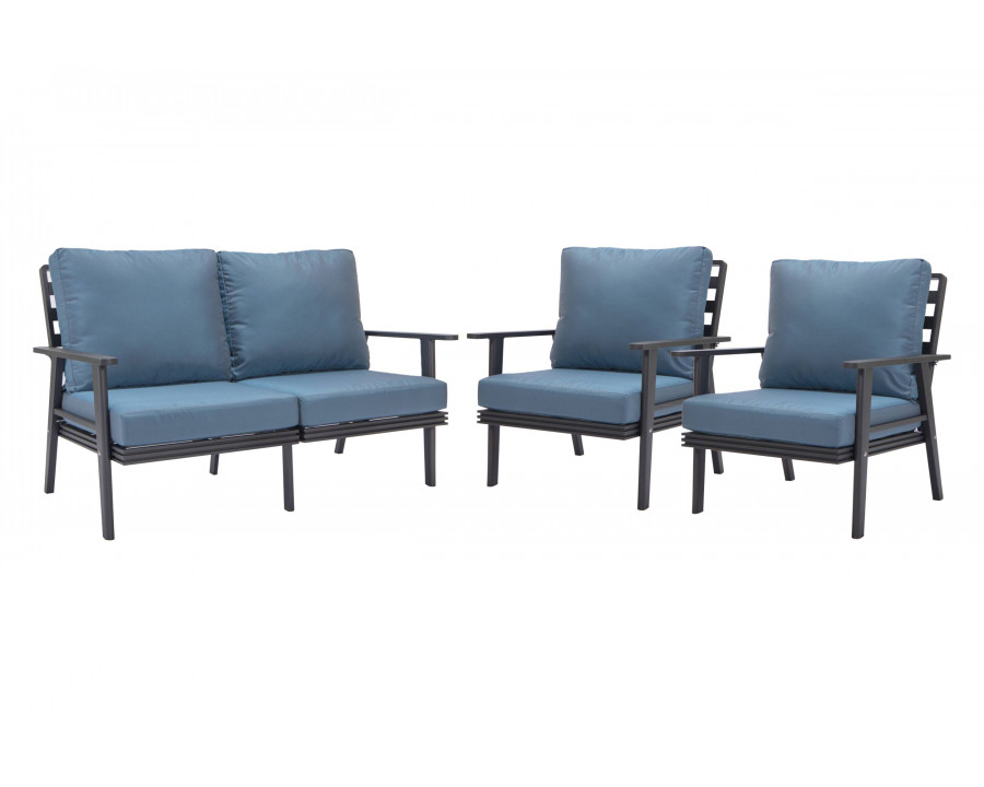 LeisureMod Walbrooke Modern 3-Piece Outdoor Patio Set with Black Aluminum Frame - Navy Blue