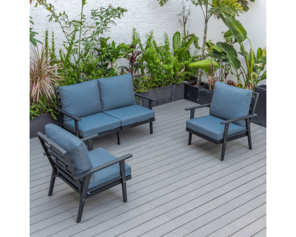 LeisureMod Walbrooke Modern 3-Piece Outdoor Patio Set with Black Aluminum Frame - Navy Blue