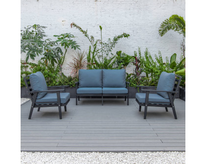 LeisureMod Walbrooke Modern 3-Piece Outdoor Patio Set with Black Aluminum Frame - Navy Blue