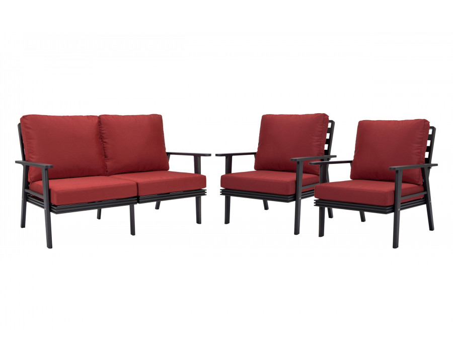 LeisureMod Walbrooke Modern 3-Piece Outdoor Patio Set with Black Aluminum Frame - Red