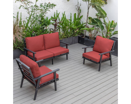 LeisureMod Walbrooke Modern 3-Piece Outdoor Patio Set with Black Aluminum Frame - Red