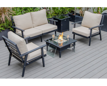 LeisureMod Walbrooke Modern Black Patio Conversation With Square Fire Pit With Slats Design & Tank Holder