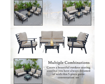 LeisureMod Walbrooke Modern Black Patio Conversation With Square Fire Pit With Slats Design & Tank Holder - Beige