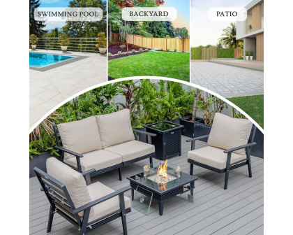 LeisureMod Walbrooke Modern Black Patio Conversation With Square Fire Pit With Slats Design & Tank Holder - Beige