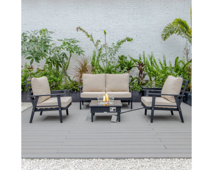 LeisureMod Walbrooke Modern Black Patio Conversation With Square Fire Pit With Slats Design & Tank Holder - Beige