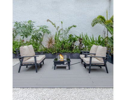 LeisureMod Walbrooke Modern Black Patio Conversation With Square Fire Pit With Slats Design & Tank Holder - Beige