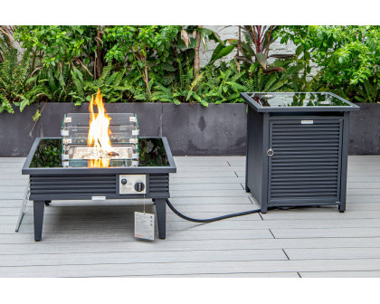 LeisureMod Walbrooke Modern Black Patio Conversation With Square Fire Pit With Slats Design & Tank Holder - Beige