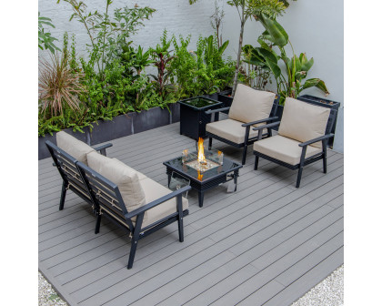 LeisureMod Walbrooke Modern Black Patio Conversation With Square Fire Pit With Slats Design & Tank Holder - Beige