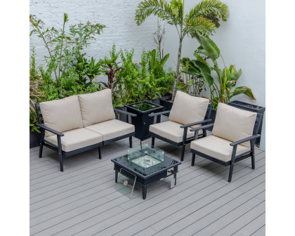 LeisureMod Walbrooke Modern Black Patio Conversation With Square Fire Pit With Slats Design & Tank Holder - Beige