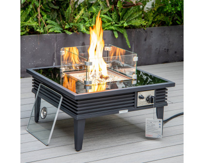 LeisureMod Walbrooke Modern Black Patio Conversation With Square Fire Pit With Slats Design & Tank Holder - Beige