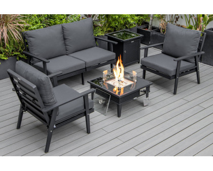 LeisureMod Walbrooke Modern Black Patio Conversation With Square Fire Pit With Slats Design & Tank Holder