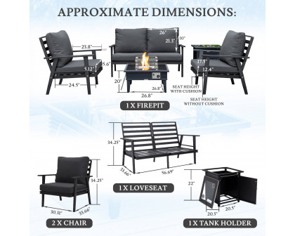 LeisureMod Walbrooke Modern Black Patio Conversation With Square Fire Pit With Slats Design & Tank Holder - Charcoal