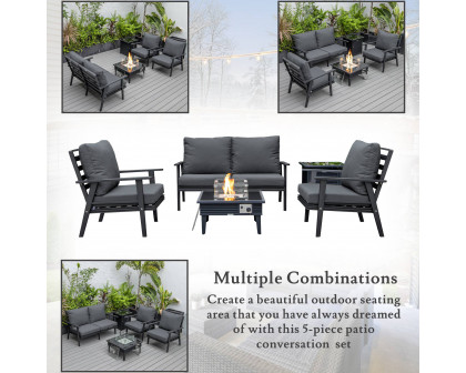 LeisureMod Walbrooke Modern Black Patio Conversation With Square Fire Pit With Slats Design & Tank Holder - Charcoal