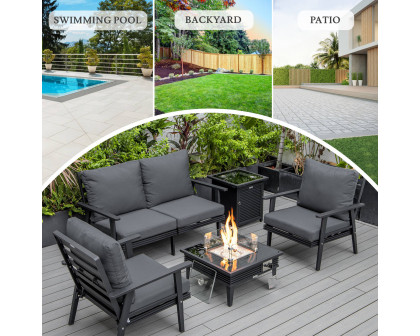 LeisureMod Walbrooke Modern Black Patio Conversation With Square Fire Pit With Slats Design & Tank Holder - Charcoal