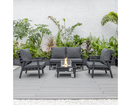 LeisureMod Walbrooke Modern Black Patio Conversation With Square Fire Pit With Slats Design & Tank Holder - Charcoal