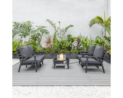 LeisureMod Walbrooke Modern Black Patio Conversation With Square Fire Pit With Slats Design & Tank Holder - Charcoal