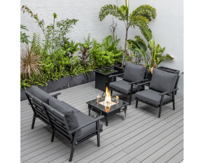 LeisureMod Walbrooke Modern Black Patio Conversation With Square Fire Pit With Slats Design & Tank Holder - Charcoal