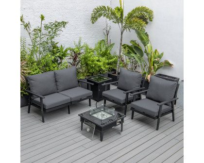 LeisureMod Walbrooke Modern Black Patio Conversation With Square Fire Pit With Slats Design & Tank Holder - Charcoal