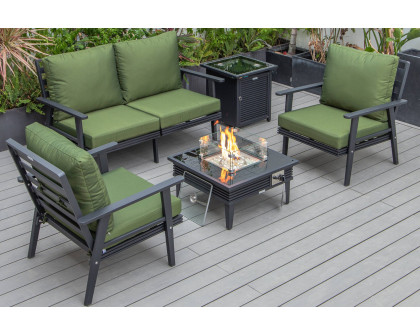 LeisureMod Walbrooke Modern Black Patio Conversation With Square Fire Pit With Slats Design & Tank Holder