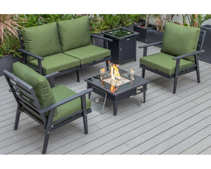 LeisureMod Walbrooke Modern Black Patio Conversation With Square Fire Pit With Slats Design & Tank Holder - Green