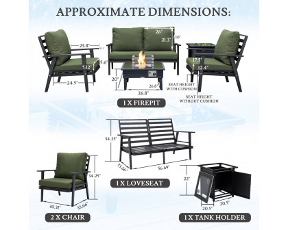 LeisureMod Walbrooke Modern Black Patio Conversation With Square Fire Pit With Slats Design & Tank Holder - Green