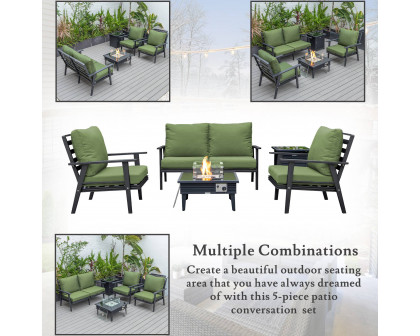 LeisureMod Walbrooke Modern Black Patio Conversation With Square Fire Pit With Slats Design & Tank Holder - Green