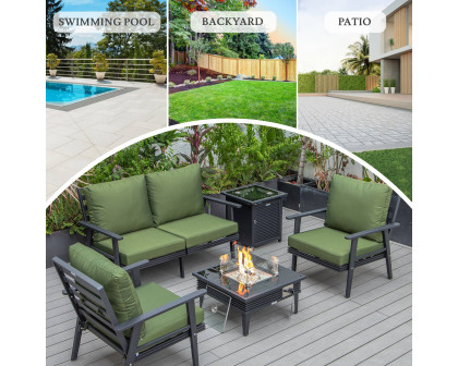 LeisureMod Walbrooke Modern Black Patio Conversation With Square Fire Pit With Slats Design & Tank Holder - Green