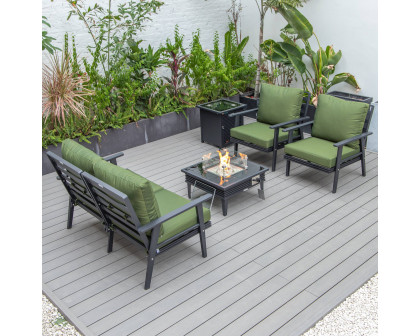 LeisureMod Walbrooke Modern Black Patio Conversation With Square Fire Pit With Slats Design & Tank Holder - Green