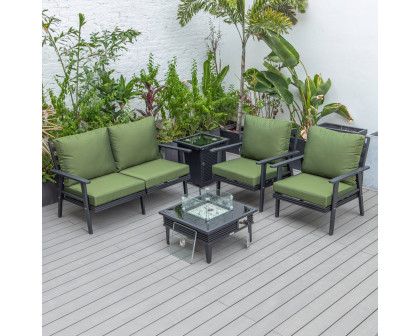 LeisureMod Walbrooke Modern Black Patio Conversation With Square Fire Pit With Slats Design & Tank Holder - Green