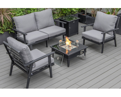 LeisureMod Walbrooke Modern Black Patio Conversation With Square Fire Pit With Slats Design & Tank Holder