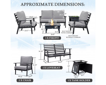 LeisureMod Walbrooke Modern Black Patio Conversation With Square Fire Pit With Slats Design & Tank Holder - Gray