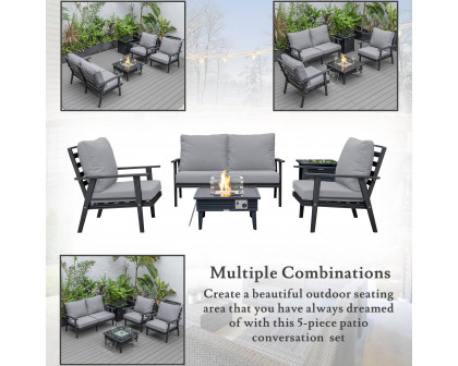 LeisureMod Walbrooke Modern Black Patio Conversation With Square Fire Pit With Slats Design & Tank Holder - Gray