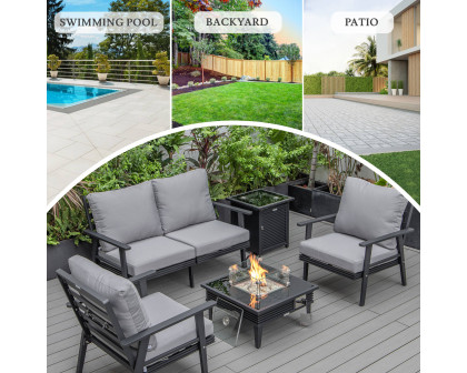 LeisureMod Walbrooke Modern Black Patio Conversation With Square Fire Pit With Slats Design & Tank Holder - Gray