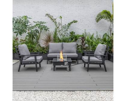 LeisureMod Walbrooke Modern Black Patio Conversation With Square Fire Pit With Slats Design & Tank Holder - Gray