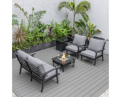 LeisureMod Walbrooke Modern Black Patio Conversation With Square Fire Pit With Slats Design & Tank Holder - Gray