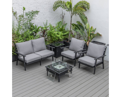 LeisureMod Walbrooke Modern Black Patio Conversation With Square Fire Pit With Slats Design & Tank Holder - Gray