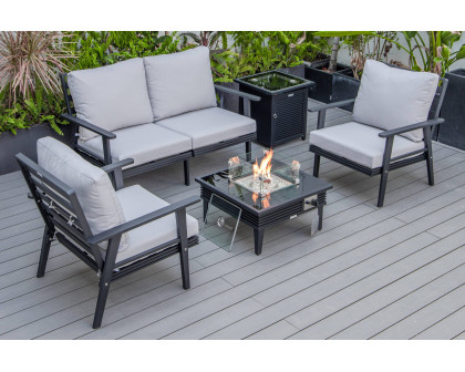 LeisureMod Walbrooke Modern Black Patio Conversation With Square Fire Pit With Slats Design & Tank Holder