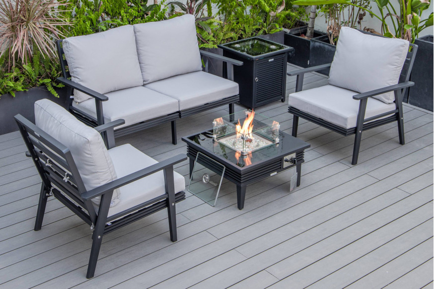 LeisureMod™ Walbrooke Modern Black Patio Conversation With Square Fire Pit With Slats Design & Tank Holder - Light Gray