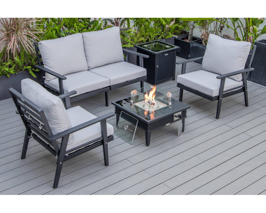 LeisureMod Walbrooke Modern Black Patio Conversation With Square Fire Pit With Slats Design & Tank Holder - Light Gray