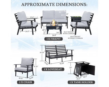 LeisureMod™ Walbrooke Modern Black Patio Conversation With Square Fire Pit With Slats Design & Tank Holder - Light Gray