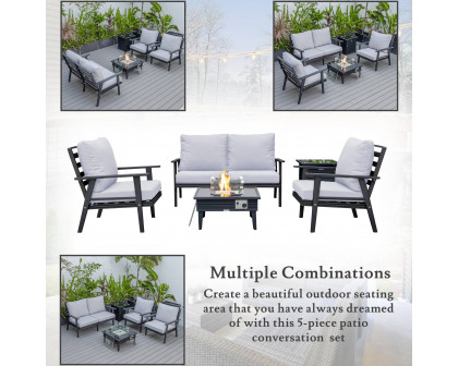 LeisureMod™ Walbrooke Modern Black Patio Conversation With Square Fire Pit With Slats Design & Tank Holder - Light Gray