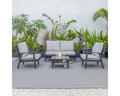 LeisureMod™ Walbrooke Modern Black Patio Conversation With Square Fire Pit With Slats Design & Tank Holder - Light Gray