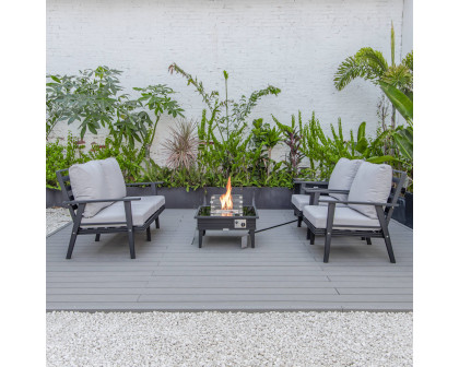 LeisureMod™ Walbrooke Modern Black Patio Conversation With Square Fire Pit With Slats Design & Tank Holder - Light Gray