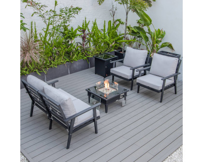 LeisureMod™ Walbrooke Modern Black Patio Conversation With Square Fire Pit With Slats Design & Tank Holder - Light Gray