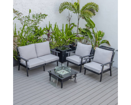 LeisureMod™ Walbrooke Modern Black Patio Conversation With Square Fire Pit With Slats Design & Tank Holder - Light Gray