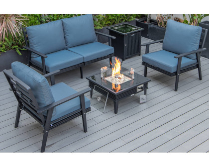 LeisureMod Walbrooke Modern Black Patio Conversation With Square Fire Pit With Slats Design & Tank Holder